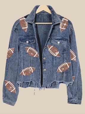 Distressed Corduroy Jacket With Sequined Footballs